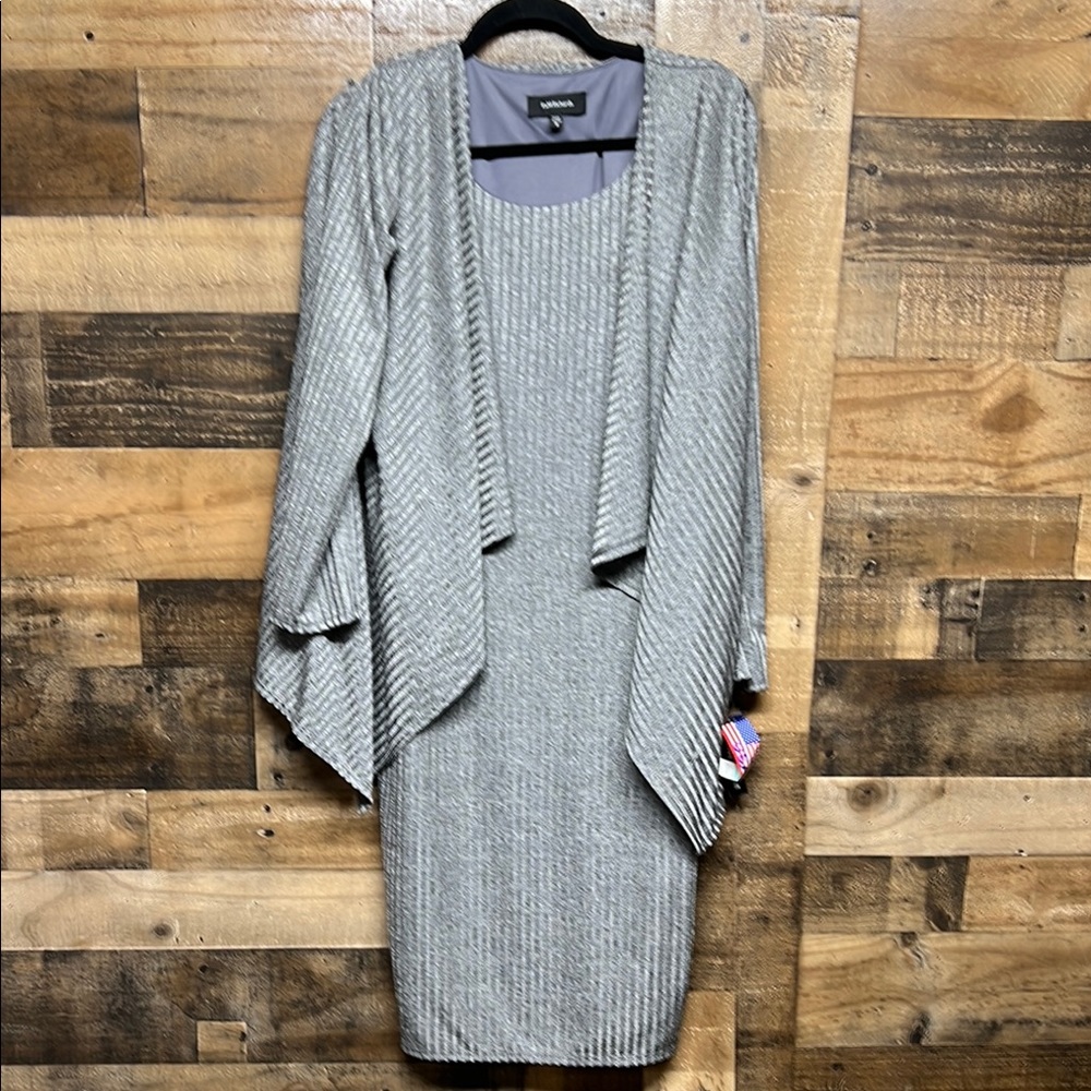 NWT R&M Richards Mock Jacket Dress Grey Ribbed Dress and Cardigan‎ Set Women's 8